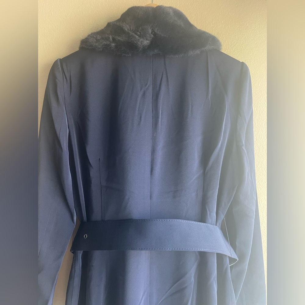 New Naked Wardrobe Women Navy Blue Long Coat Jacket Button Belts Pockets Large - Picture 6 of 11